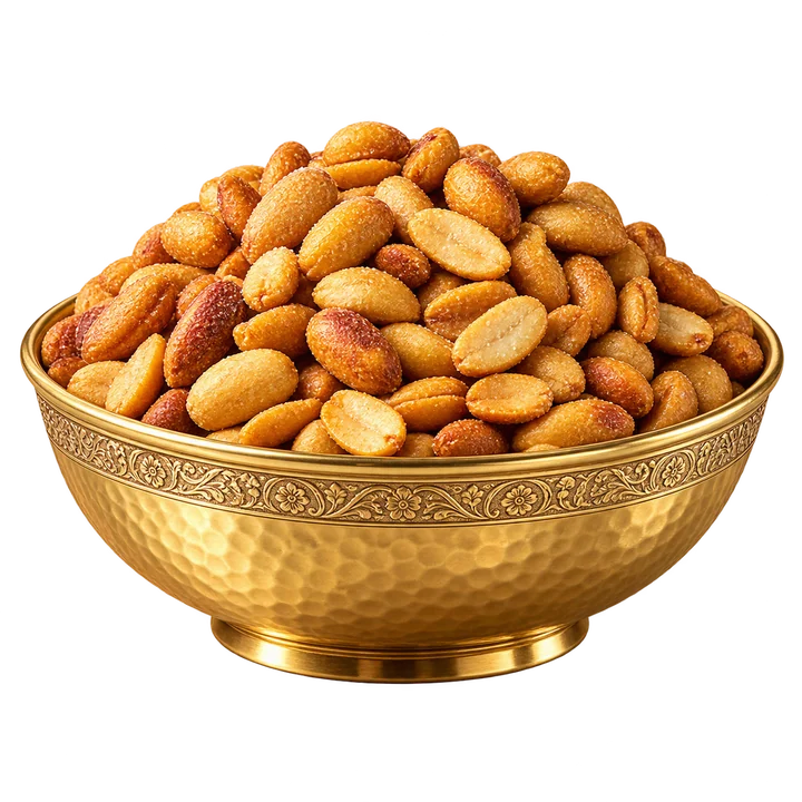 Salted peanuts in a gold bowl