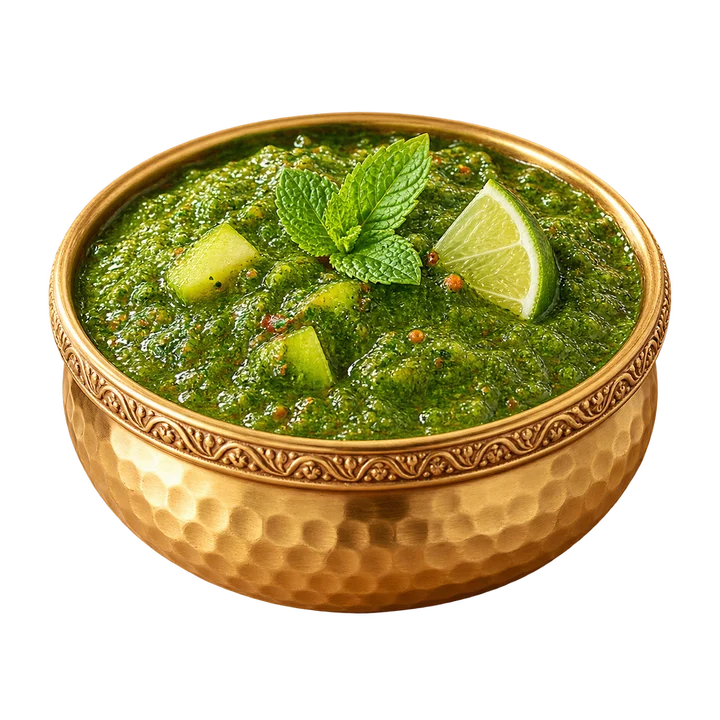 Tangy mango, mint and lime chutney in a gold bowl